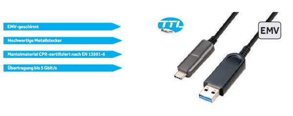 TTL USB-C Hybrid Kabel (AOC) USB-C auf USB-A, schwarz, 20m